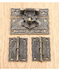 Three Piece Old School Antique Bronze Box Latch Set With Vintage Hasp Clasp And Hinges on wood background
