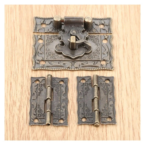 Three Piece Old School Antique Bronze Box Latch Set With Vintage Hasp Clasp And Hinges on wood background
