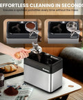Automatic Portafilter Washer With Three Liter Tank Efficient Three Way Valve Rapid Drainage Fits 51 And 58 Millimeter Espresso Machines Stainless Steel Build shown in use