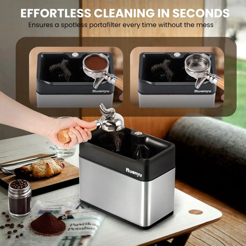 Automatic Portafilter Washer With Three Liter Tank Efficient Three Way Valve Rapid Drainage Fits 51 And 58 Millimeter Espresso Machines Stainless Steel Build shown in use
