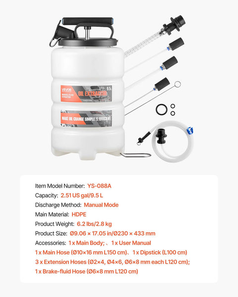 VEVOR fluid extractor with 9.5 L white HDPE tank, manual pump and long hoses for oil changes.