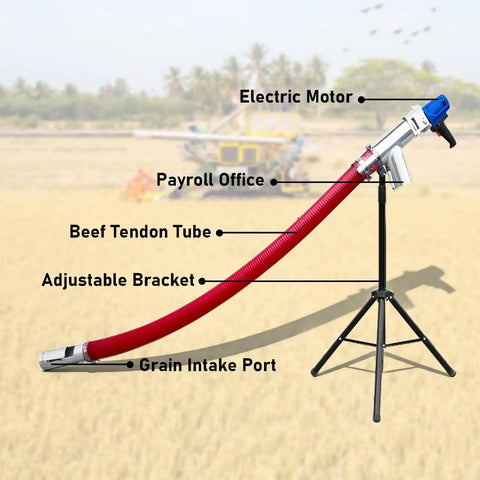 Heavy Duty Grain Suction Auger Pump Portable Grain Conveyor For Home Use High Suction For Small Particles Like Cement Grain Fertilizer Built Tough With Durable Rubber Hose And 60 Inch Reach, showing adjustable bracket and electric motor on stand