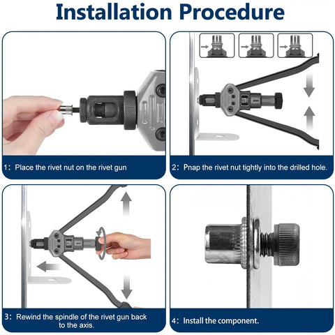 Installation steps for Rivet Nut Kit With 300 Pcs Metric And SAE Rivet Nuts M3 Through M12 And 8-32 Through 1/4-20 In 304 Stainless Flat Head Nutserts