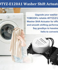 Upgraded High Torque Washer Shift Actuator Compatible With W11481722 And W10913953 Washing Machine Cycle Selector Motor Replaces 49Tyz E120A1 showing motor details and usage.