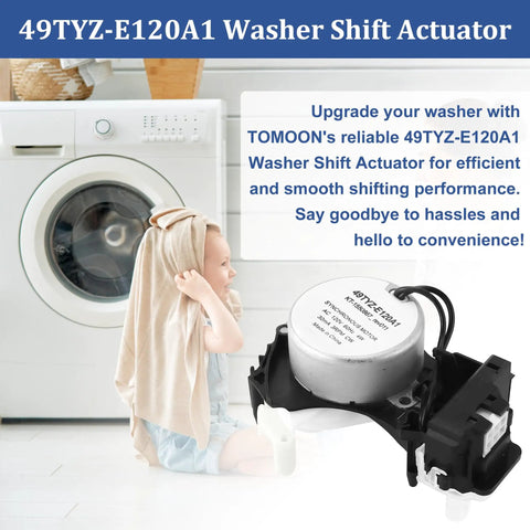Upgraded High Torque Washer Shift Actuator Compatible With W11481722 And W10913953 Washing Machine Cycle Selector Motor Replaces 49Tyz E120A1 showing motor details and usage.