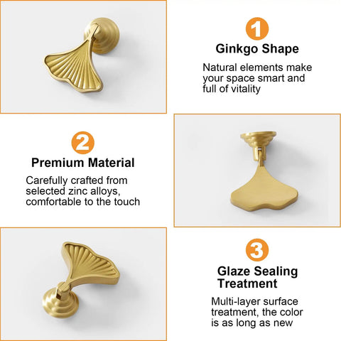 Close-up of Six Piece Golden Ginkgo Leaf Cabinet Knobs, zinc alloy material with a ginkgo shape for drawers and wardrobes.