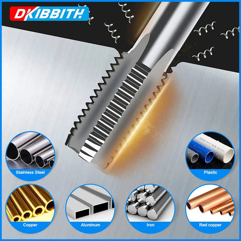 Versatile 5 Piece NPT Pipe Tap Set In Carbon Steel For Hand Threading And Accurate Threads visual with metal cutting examples