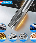 Close-up of carbon steel tap from Six Piece NPT Pipe Tap Set for DIYers and Handy Pros including various material compatibility.