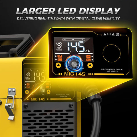 Close-up of LED display on 145 Amp MIG Welder With LED Display Inverter 110V Flux Core MIG Lift TIG And Stick Welding Machine
