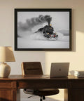 Steam Locomotive In Snow Winter Train Framed Poster Canvas Print For Wall Art Rustic Industrial Aesthetic Office Decor