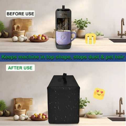 Coffee Marker Cover for Keurig K-Mini Mate protecting single serve coffee maker from dust on kitchen counter, black nylon case shown.