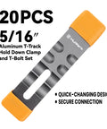 20-piece aluminum T-Track hold down clamp set with 5/16 inch size and quick-changing design for woodworking.