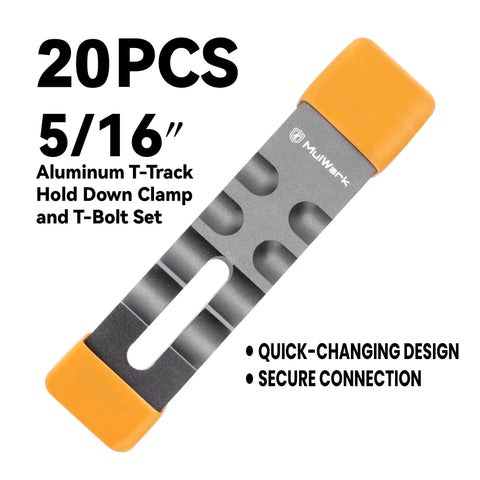 20-piece aluminum T-Track hold down clamp set with 5/16 inch size and quick-changing design for woodworking.
