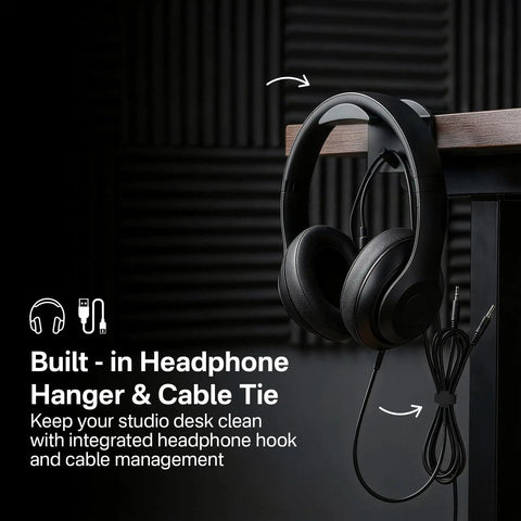 Black headphones on built-in desk hanger with cable tie, demonstrating desk setup for 2 Pack Desk Clamp Studio Monitor Stands.