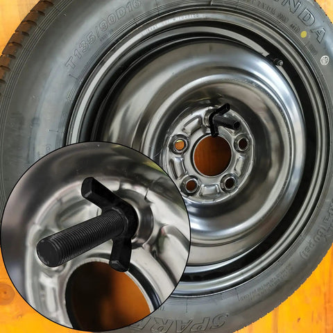 Spare Tire Holder Mount For E Track Rails, Easy Install Off Floor Tire Carrier For Enclosed Trailers shown with wheel and bolt detail.