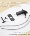 Parts of Black Waterfall Bathroom Faucet With Deck Plate 1 Hole Or 3 Hole Lavatory Sink Tap Single Handle Pop Up Drain Stainless Steel Modern Vanity Faucet Easy DIY Install laid out for assembly.