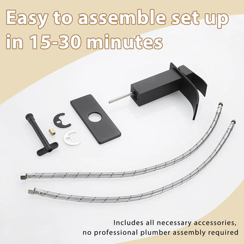 Parts of Black Waterfall Bathroom Faucet With Deck Plate 1 Hole Or 3 Hole Lavatory Sink Tap Single Handle Pop Up Drain Stainless Steel Modern Vanity Faucet Easy DIY Install laid out for assembly.