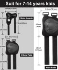 Kid Friendly Knee Pads Elbow Pads And Wrist Guards Protective Gear Set for ages 7-14 with size measurements shown
