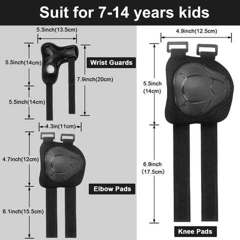 Kid Friendly Knee Pads Elbow Pads And Wrist Guards Protective Gear Set for ages 7-14 with size measurements shown
