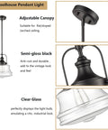Black Farmhouse Pendant Light With Clear Glass Schoolhouse Style, E26 Dimmable Hanging Fixture with adjustable canopy and rod