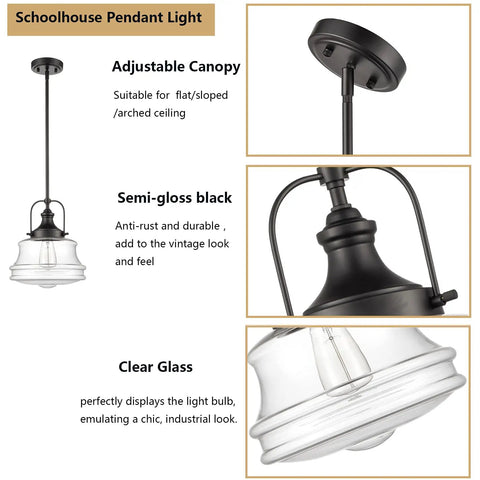 Black Farmhouse Pendant Light With Clear Glass Schoolhouse Style, E26 Dimmable Hanging Fixture with adjustable canopy and rod