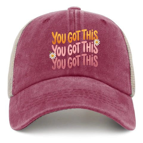 Front view of Low Profile Unstructured Vintage Tennis Trucker Hat For Men In Deep Rose with motivational text and daisies