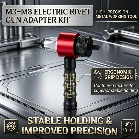 Premium High Carbon Steel Electric Rivet Gun Adapter Kit For Cordless Drill Metric M3 To M8 Rivnut Tool With Clutch Pressure Adjustment To Stop Slipping Perfect Heavy Duty Nutsert Attachment For Serious DIY Projects And Pros, M3-M8 adapter shown