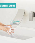 Wall Mount Waterfall Bathroom Faucet With Single Handle In Brushed Nickel, water flowing from spout into hands over basin