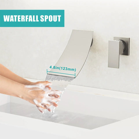 Wall Mount Waterfall Bathroom Faucet With Single Handle In Brushed Nickel, water flowing from spout into hands over basin