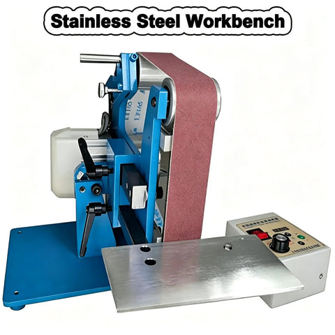 Zhenyuwang Electric Belt Sander 1100W Brushless Motor Pure Copper Windings Heavy Duty Woodworking Tool with stainless steel workbench.