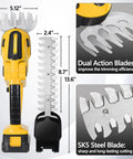 Easy To Use Cordless Hedge Trimmer With 21V battery, dual-action SK5 steel blades for bushes and lawns, close-up details