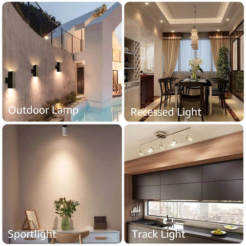 Collage of different lighting types: outdoor, recessed indoor, spotlight, and track light examples in various settings.