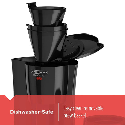 Black and white Compact Brew And Go Personal Coffee Maker with removable brew basket, permanent metal filter visible