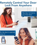 Woman using WiFi Keyless Entry Smart Lock With Touchscreen Keypad, Remote Unlock Via App, Bluetooth And WiFi Deadbolt device.