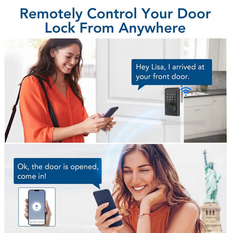 Woman using WiFi Keyless Entry Smart Lock With Touchscreen Keypad, Remote Unlock Via App, Bluetooth And WiFi Deadbolt device.