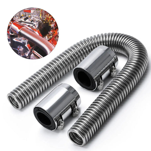 24 Inch Stainless Steel Radiator Flexible Coolant Water Hose Kit With Cap Clamp In Silver For Cars Universal Fit Heavy Duty Beefed Up Cooling Upgrade Performance, showcasing stainless steel construction and flexible design.