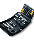Open case showing Compact 25 Piece Tool Kit with precision drivers, tweezers, needle nose pliers, sockets, bits for quick home repairs.