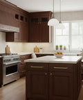 Modern kitchen with Solid Cabinet Pulls And Handles 10 Pack in Brushed Antique Brass, sleek farmhouse style cabinets and drawers.