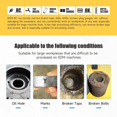 Image showing examples of oil hole, marks, broken taps, and broken bolts for Electric Tapping Machine M3 To M16 With 360 Degree Arm Auto Oil Adding Collets Included Portable EDM Tap Remover And Tap Burner EDM 8C For Aluminum Copper Steel Cast Iron usage.