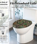 Elongated Resin Toilet Seat for Bathroom on a standard toilet, featuring a camouflage design and adjustable hinges.