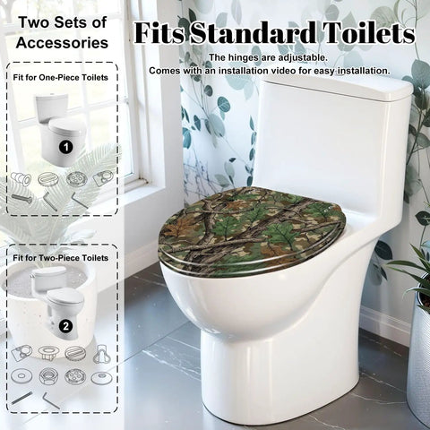 Elongated Resin Toilet Seat for Bathroom on a standard toilet, featuring a camouflage design and adjustable hinges.