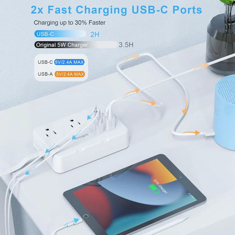 Heavy Duty Surge Protector Power Strip With Six Separated AC Outlets And Dual USB C Plus Dual USB A Ports, tabletop charging with tablet.