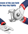 Close-up of Pro Grade Hog Ring Pliers showing groove holding a 3/4 inch galvanized hog ring for furniture upholstery use.