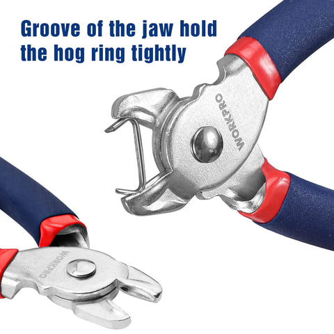 Close-up of Pro Grade Hog Ring Pliers showing groove holding a 3/4 inch galvanized hog ring for furniture upholstery use.