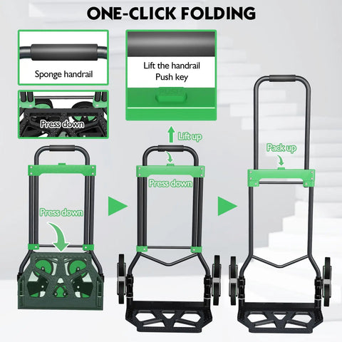 Built Tough Heavy Duty Hand Truck With Stair Climbing Wheels And One Touch Retractable Handle folding demonstration