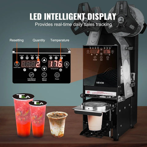 No Fuss Fully Automatic Cup Sealer Pumping Six Hundred Cups Hour With Digital Control Panel showing LED display and sealed cups.
