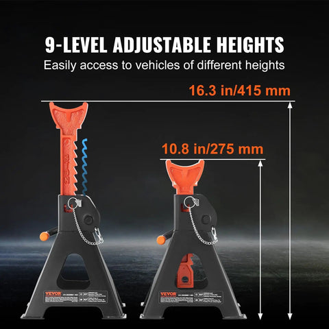 Beefy 3 Ton Car Jack Stands With Double Locking Adjustable Height From Ten Point Eight To Sixteen Point Three Inches