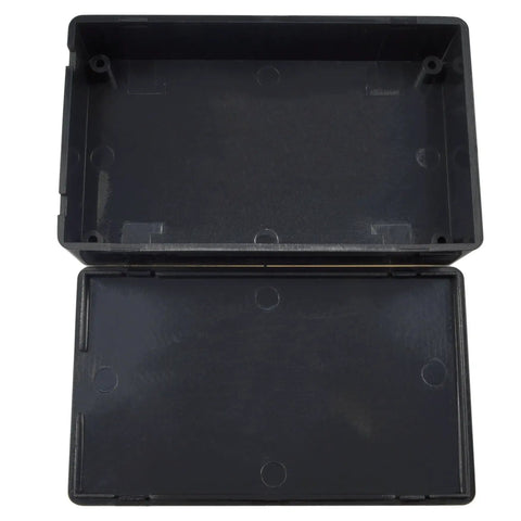Five Pack Black ABS Plastic Project Box Sturdy Electronics Enclosure with lid opening, size 3.8x2.2x0.8in, showcasing interior design.