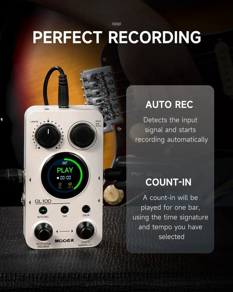All In One Drum Looper And Guitar Pedal With Hundred Memory Slots And Three Hundred Minutes Of Total Recording Time One Point Three Inch Touchscreen shown with auto record feature.