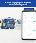 All In One Arduino Starter Kit With Uno R4 WiFi Bluetooth IoT ESP32 LCD1602 OLED showing sensor data on smartphone.
